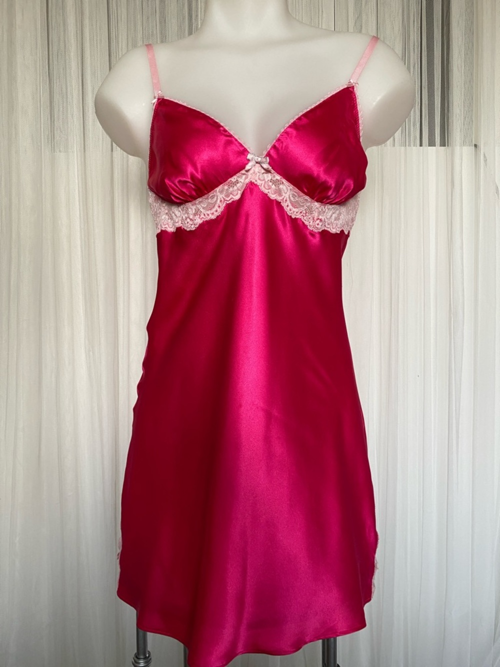 Victoria's Secret Hot Pink Satin Slip with White Lace Trim Size M
